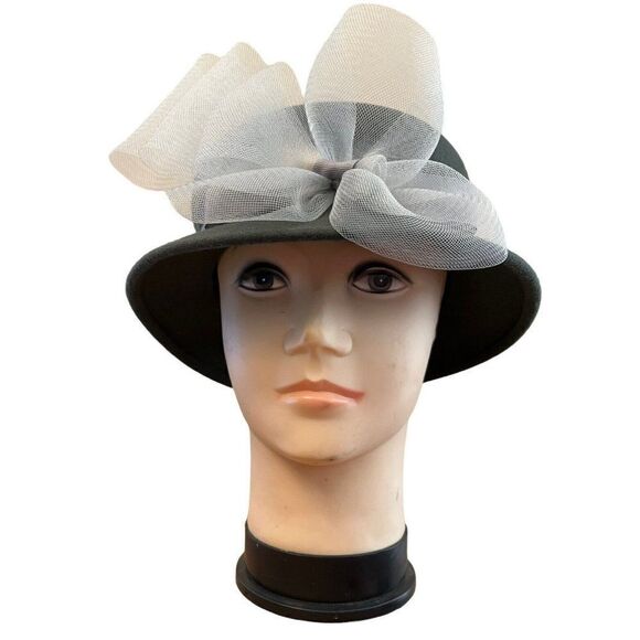 Ladies Gray Wool Bucket Hat Mesh Ribbon Bow Vintage One Size Fascinator Derby - Picture 1 of 7
